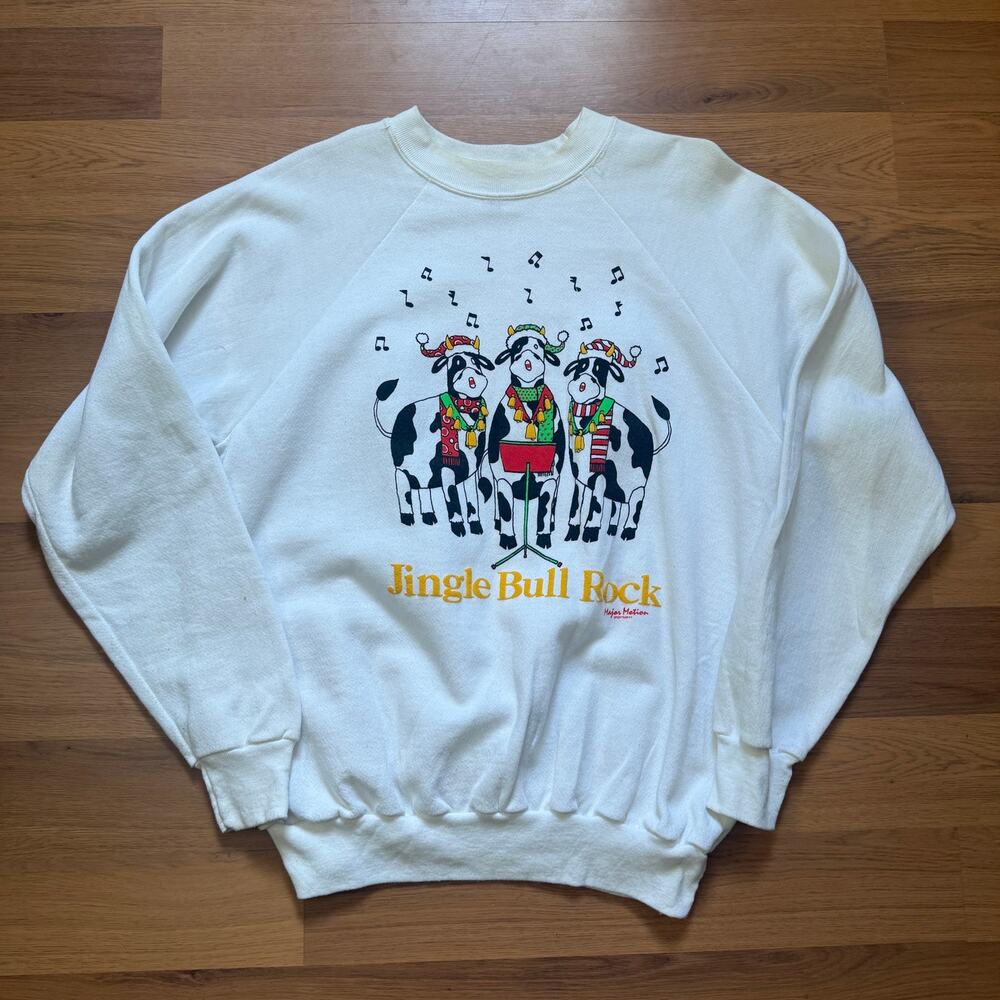 Vintage 80's Jingle Bull Rock Funny Cow Christmas White Crewneck Sweatshirt XL